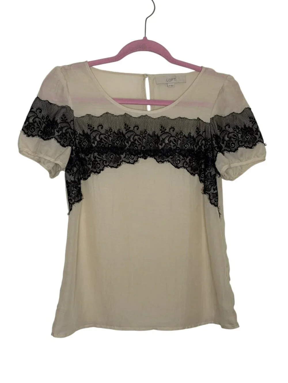 Loft Blouse Top Shirt Lace Embellished Puff Sleeve Natural Black XS